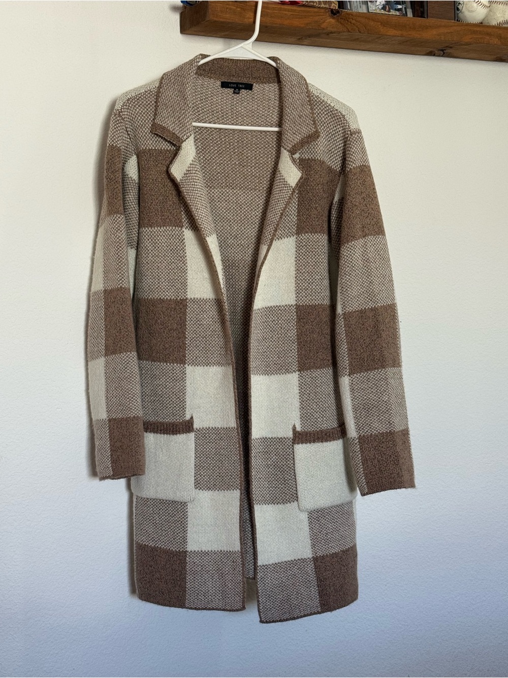 Cozy Checked Open-Front Women’s Sweater Coat - Cream & Brown